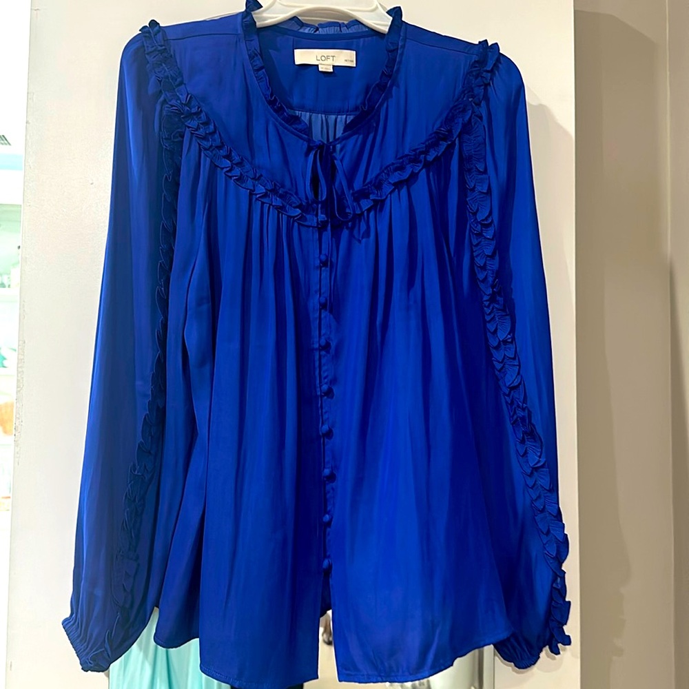 NWOT * THE LOFT ruffle tie neck button blouse in Cobalt Blue * Size LP